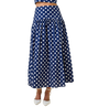 Navy blue skirt with white polka dots on a white background