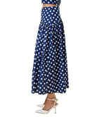 Navy blue skirt with white polka dots on a white background