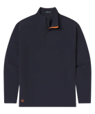Navy blue quarter zip pullover with orange accents on a white background