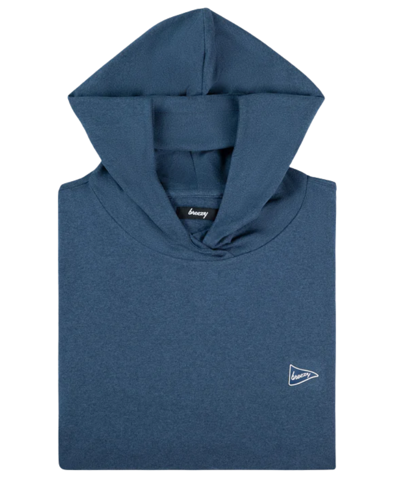 Blue hoodie with a small Breezy logo on a white background