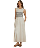 Woman wearing a sleeveless dress with a striped bodice on a white background