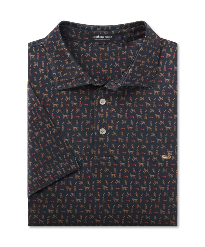 Navy polo with a golden doodle pattern prnt