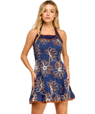 Woman wearing a blue floral dress on a white background