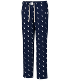Navy blue pajama pants with white dogs pattern on a white background
