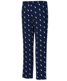 Navy blue pajama pants with white dog pattern on a white background