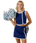 Person in a blue cheerleading outfit holding pom-poms on a white background