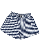 Navy and white checkered shorts with 'Lulu Mac' branding on a white background