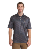 Navy polo with a golden doodle pattern prnt
