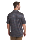 Navy polo with a golden doodle pattern prnt