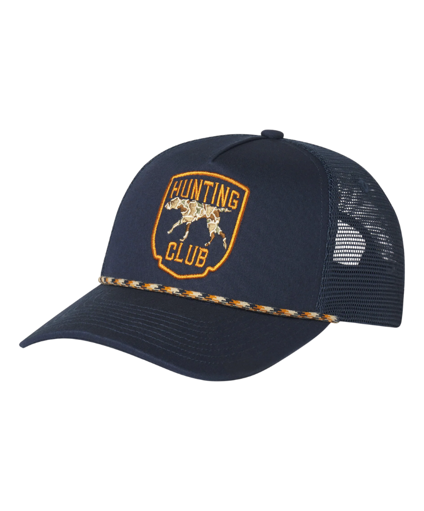 Navy blue cap with hunting club logo on a white background
