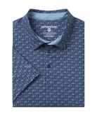 Golf-themed fabric pattern  on a polo with golf carts, flags, and players on a blue backgroundt with 'Southern Shirt' label on a white background