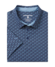 Golf-themed fabric pattern  on a polo with golf carts, flags, and players on a blue backgroundt with 'Southern Shirt' label on a white background