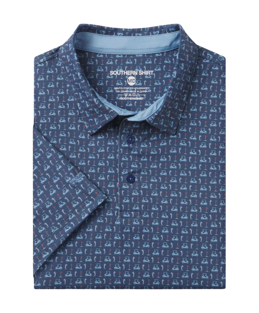 Golf-themed fabric pattern  on a polo with golf carts, flags, and players on a blue backgroundt with 'Southern Shirt' label on a white background