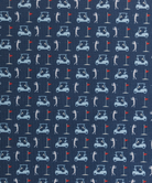 Golf-themed fabric pattern  on a polo with golf carts, flags, and players on a blue background
