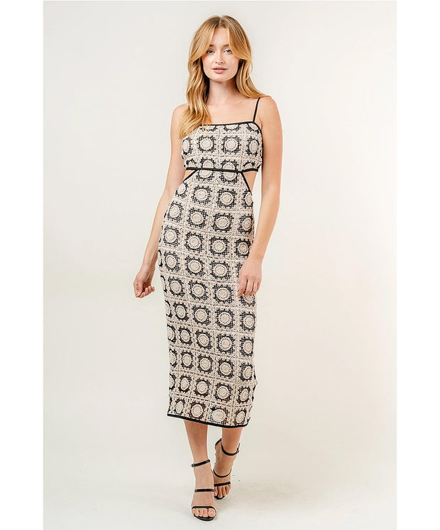 Vacay Crochet Tile Print Midi Dress