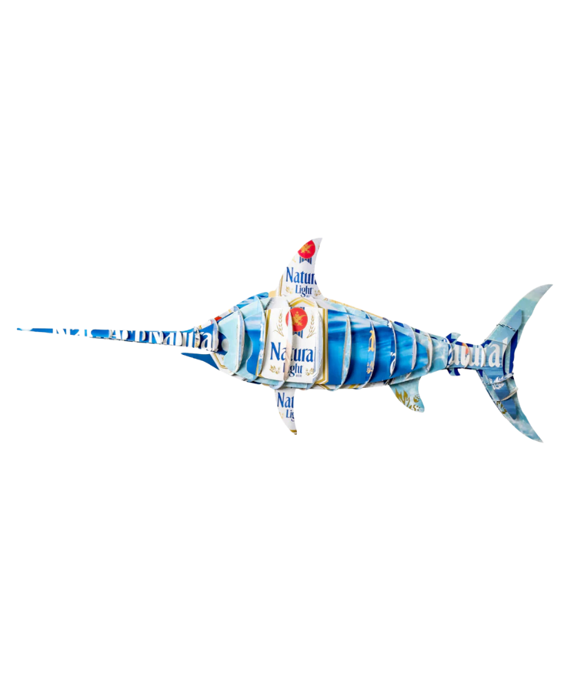 Marlin made from Natural Light boxes on a white background