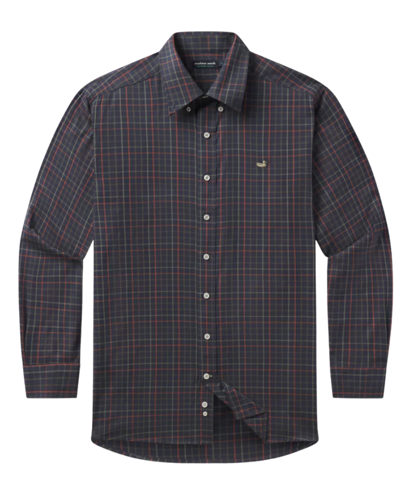 Plaid shirt with a Southern Marsh brand logo on a white background