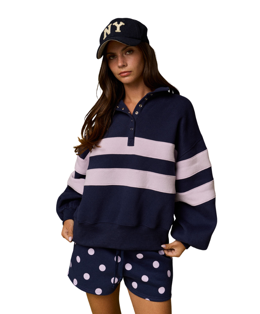 Boutique - Lottie Collar Half Snap Button Striped Rugby Pullover