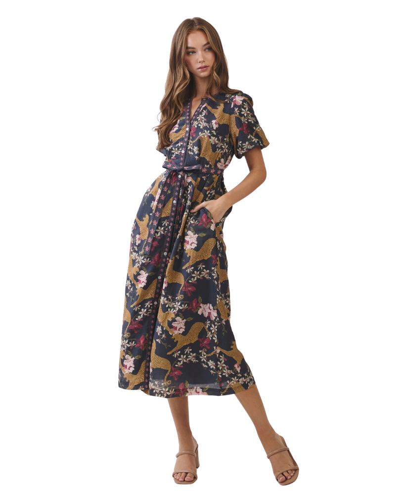 Animal Floral Print Belted Midi Dress