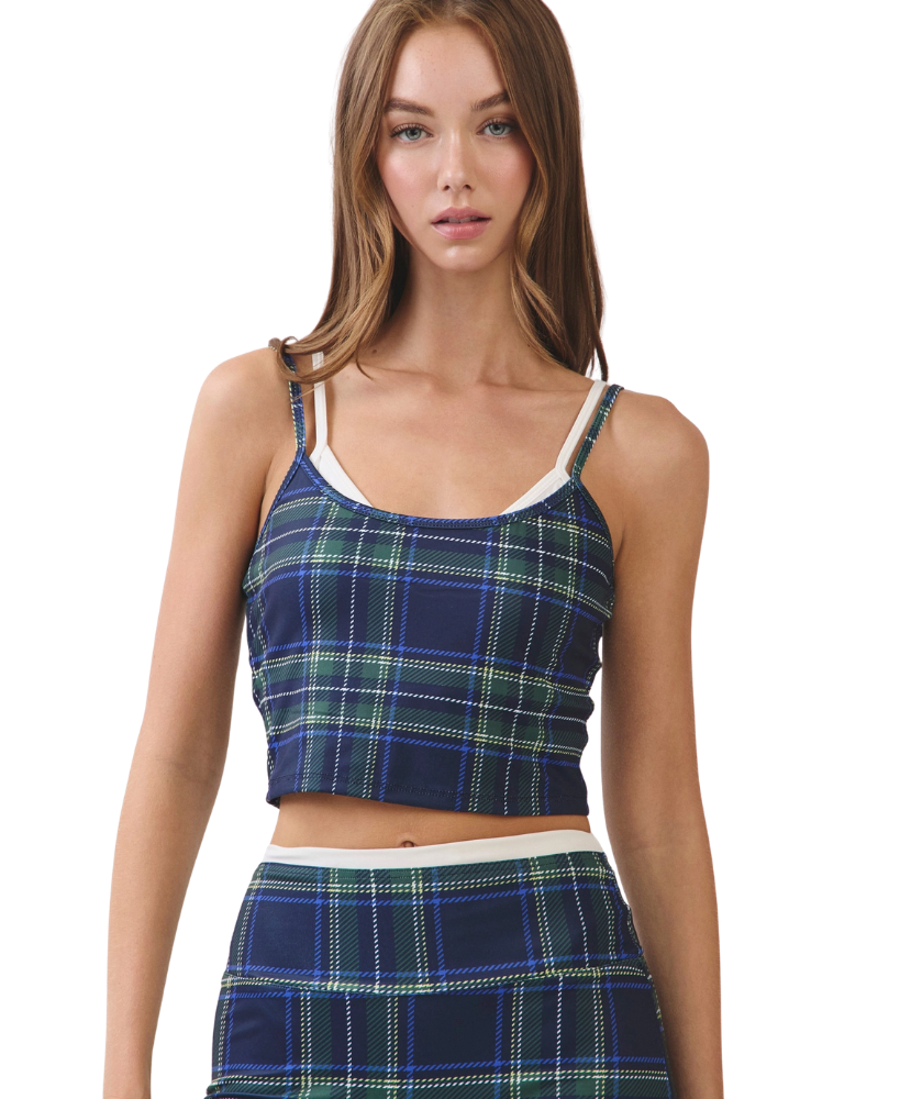 Plaid Layered Strap Crop Cami Top