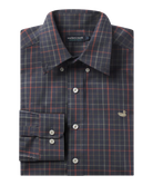 Folded plaid shirt with visible Southern Marsh brand label on a white background