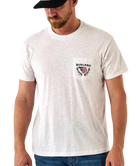 Man wearing a white t-shirt with a logo and text, standing against a white background