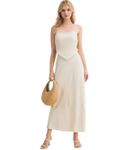 Woman wearing a BEIGE Scarf Top Dress on a white background