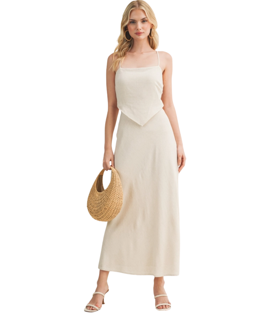 Woman wearing a BEIGE Scarf Top Dress on a white background