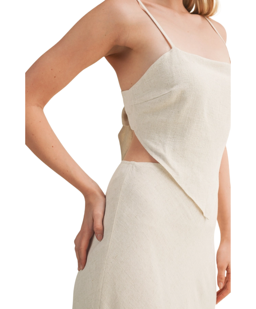 Woman wearing a BEIGE Scarf Top Dress on a white background