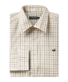 Folded plaid shirt with a visible brand label on a white background