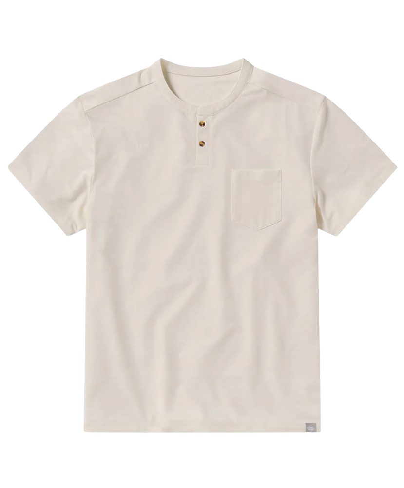 Off-white short-sleeve henley shirt on a white background