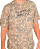 Camouflage t-shirt with 'EASYMONEY HUNT CO.' text on a white background
