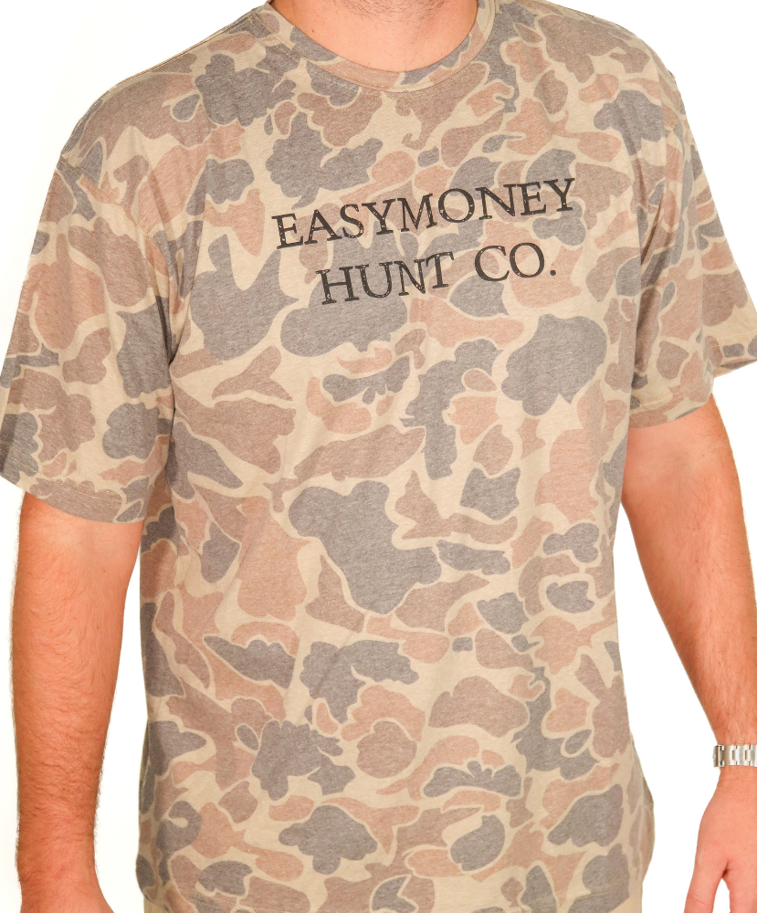 Camouflage t-shirt with 'EASYMONEY HUNT CO.' text on a white background