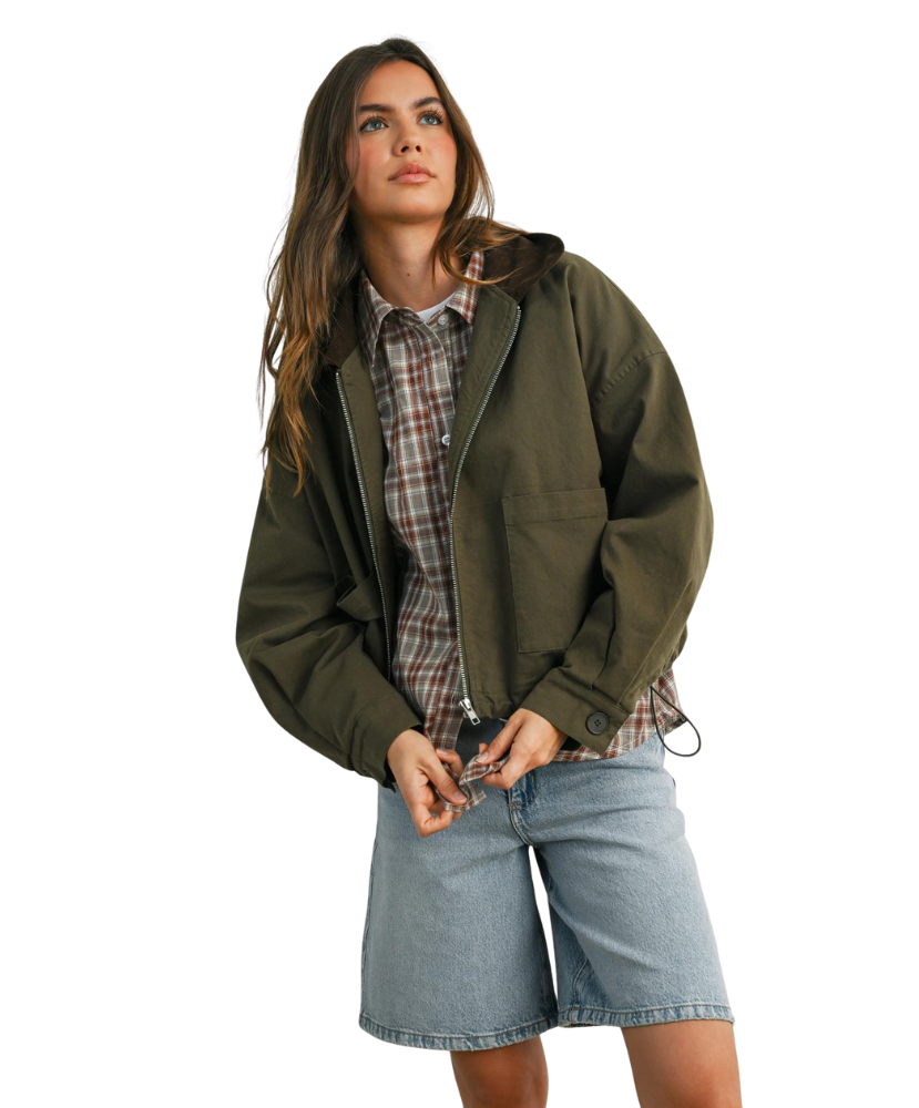 Court Collared Zip-Up Drawstring Jacket