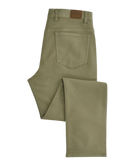 Folded olive green pants on a white background