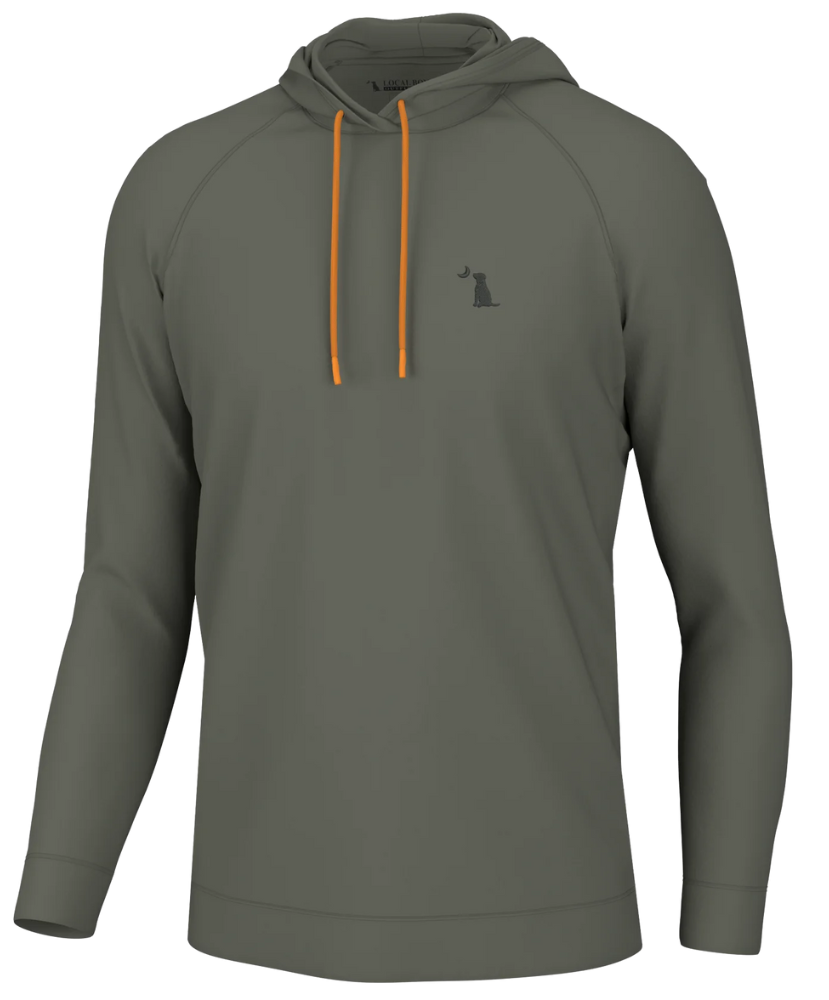 AN OLIVE hoodie with an adjustable drawstring hood, zipper front, and the 'Local Boy' brand tag visible on the bottom right.