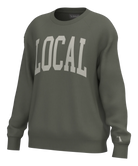 An olive green crewneck sweatshirt with 'LOCAL' printed in a large white arched font across the chest, shown on a plain white background.