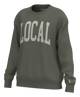 An olive green crewneck sweatshirt with 'LOCAL' printed in a large white arched font across the chest, shown on a plain white background.