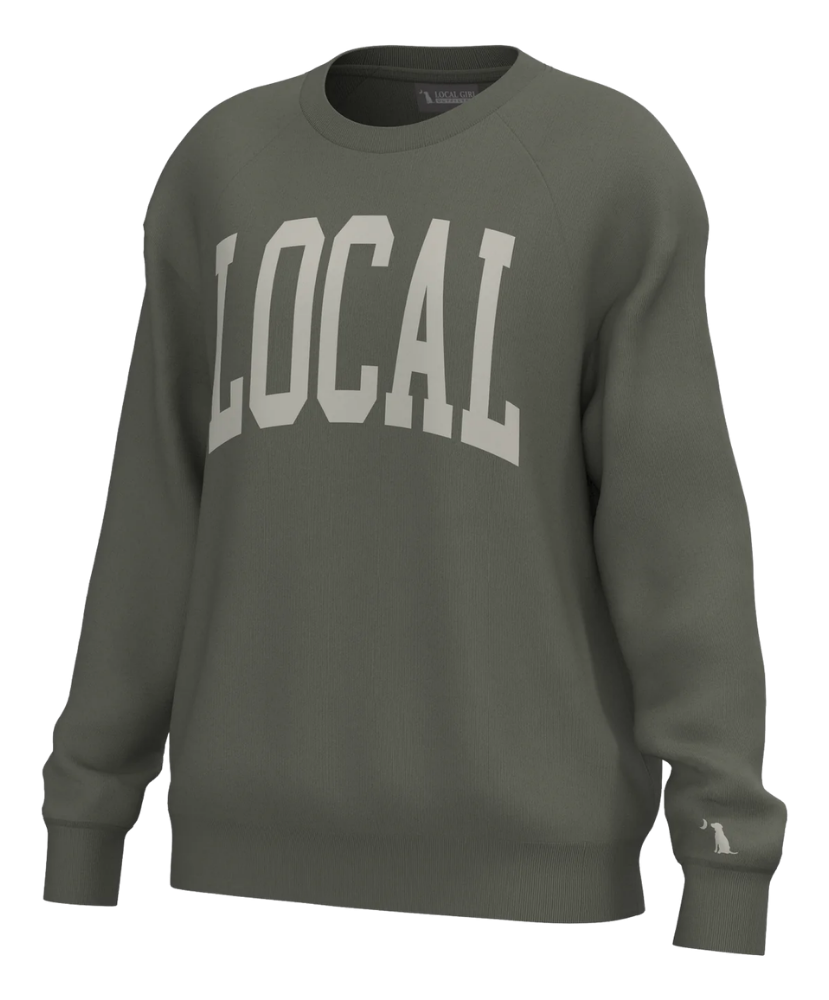 An olive green crewneck sweatshirt with 'LOCAL' printed in a large white arched font across the chest, shown on a plain white background.