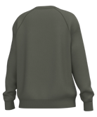 A dark olive green crewneck sweatshirt shown from the back, featuring raglan sleeves and ribbed cuffs and hem, isolated on a white background.