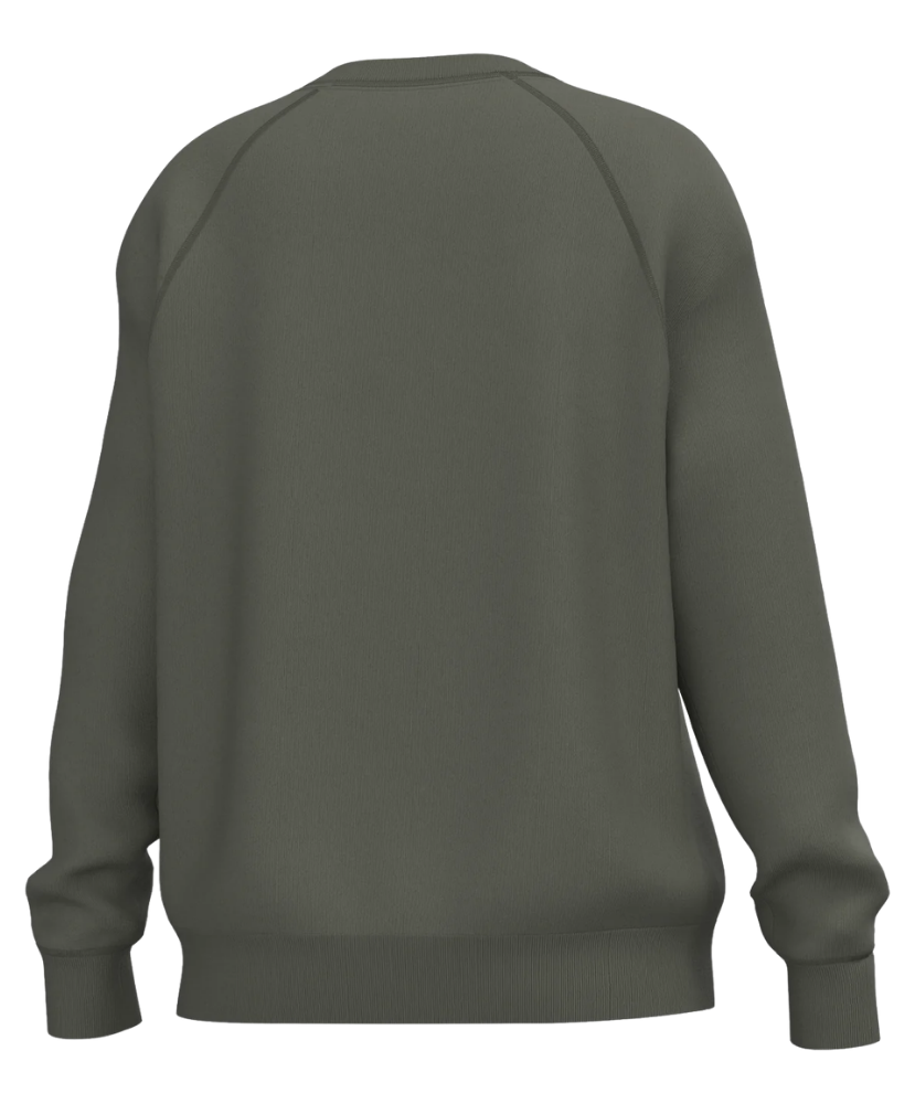 A dark olive green crewneck sweatshirt shown from the back, featuring raglan sleeves and ribbed cuffs and hem, isolated on a white background.