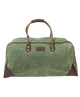 Green duffel bag with brown handles and accents on a white background