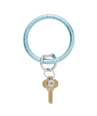 Blue keychain with a key on a white background