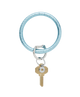 Blue keychain with a key on a white background