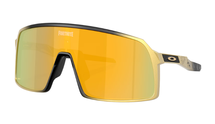 Fortnite shield-style sunglasses with a gold-framed metal structure and a large yellow-to-orange mirrored lens, shown on a plain white background.