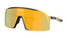 Fortnite shield-style sunglasses with a gold-framed metal structure and a large yellow-to-orange mirrored lens, shown on a plain white background.