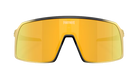 Fortnite shield-shaped shield sunglasses with a large yellow-orange mirrored lens and a black frame, shown on a plain white background.