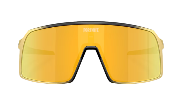 Fortnite shield-shaped shield sunglasses with a large yellow-orange mirrored lens and a black frame, shown on a plain white background.