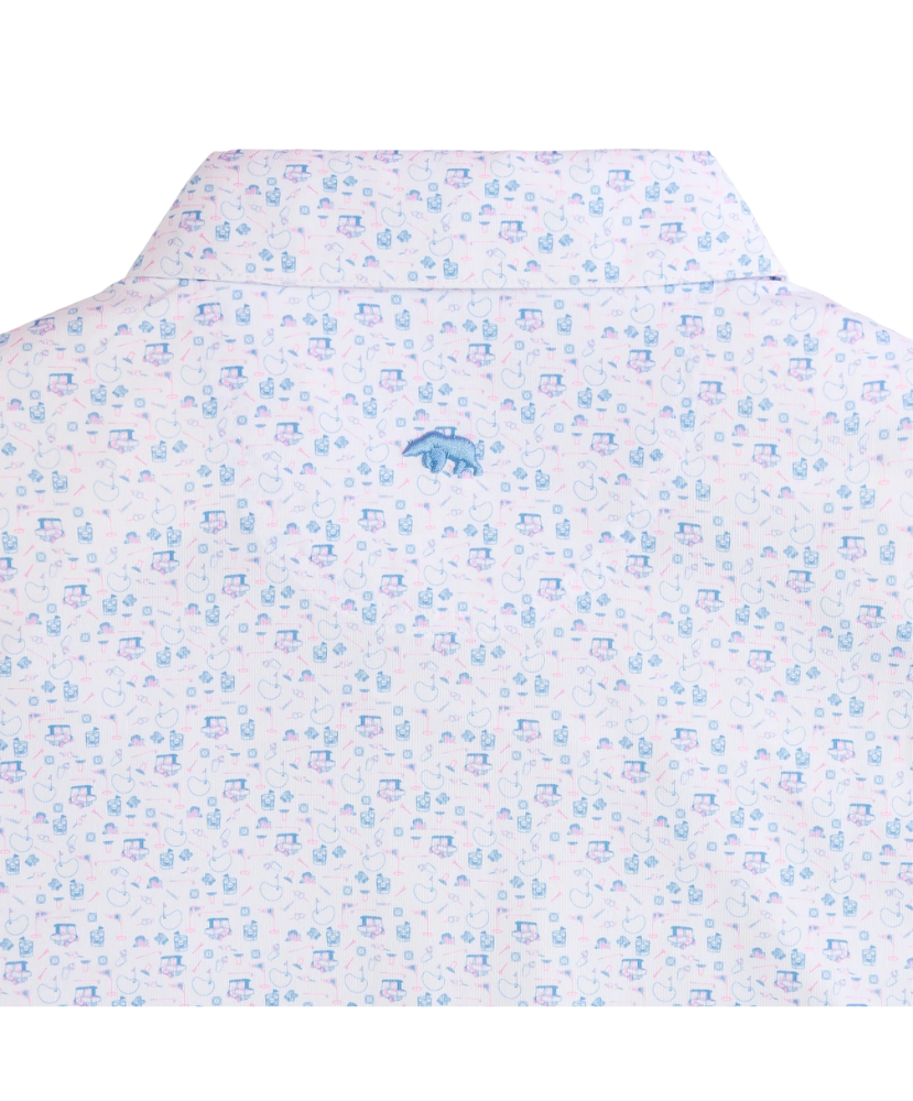 Light blue floral GOLF pattern on POLO  a white background