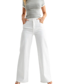 WOMAN wearing white wide-leg pants and a gray top on a white background